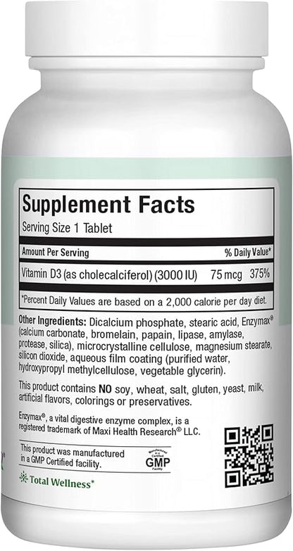 Maxi Health D3 3000 - Supports Bone Health and Immune System - Prevents Vitamin D Deficiency - 3000IU Tablets Contain 75 MCG per Serving to Support Bone Health (180 Tablets)