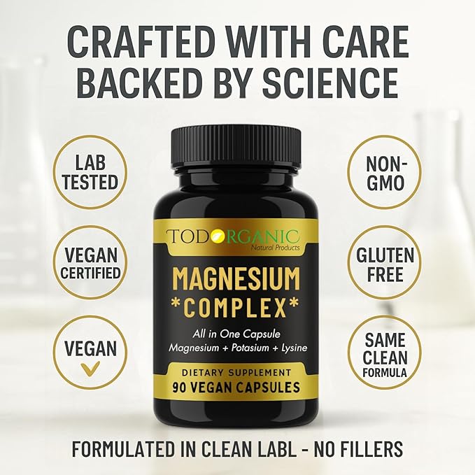 Todorganic Magnesium Citrate, Potassium Citrate and Lysine for Enhanced Leg Cramp Relief and Restful Sleep | Vegan Potassium Magnesium Supplement | 90 Capsules with High-Absorption