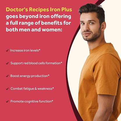 Doctor's Recipes Iron Supplement, Iron Bisglycinate with Vitamin C, B6, Folate & B12, Non-Constipating, Stomach Friendly, Gentle Iron Pills for Iron Deficiency, Blood & Energy Support, 60 Vegan Caps