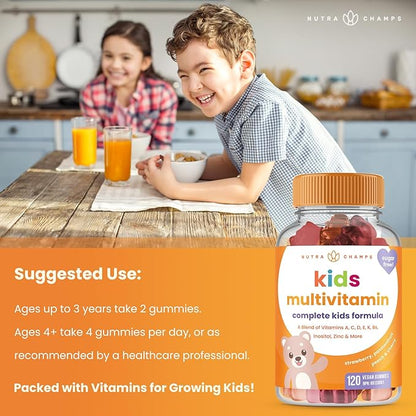 NutraChamps 120 Gummy Vitamins for Kids (Pack of 2), Sugar Free Kids Vitamins Gummy Multivitamin, Vegan & Non-GMO, Strawberry, Passionfruit, Peach & Cherry