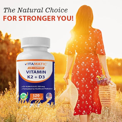 Vitamatic Vitamin D3 K2 Supplements with 10,000 IU Vitamin D + 200mcg Vitamin K MK-7, 120 Tablets Bone, Heart, Immune, & Calcium Support