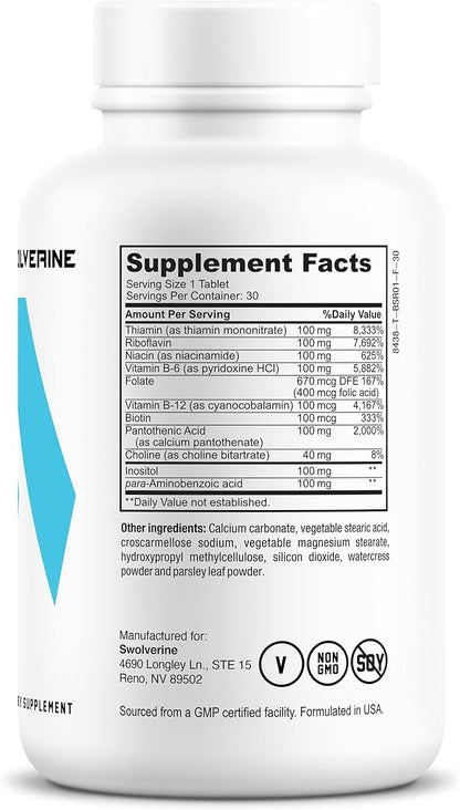 Swolverine B-Vitamin Complex | B-Complex Including B12, B1, B2, B3, B5, B6, B7, B9, Folic Acid, Choline, Inositol, and Biotin, Supports Stress, Energy and Healthy Immune System - (30 Servings)