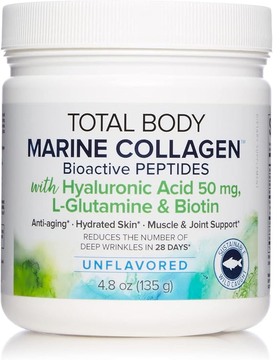 Natural Factors Total Body Marine Collagen, Bioactive Peptides Powder for Healthy Skin, Hair & Joints, Unflavored, 4.8 Oz