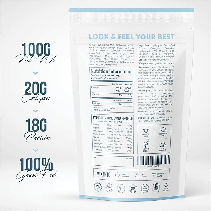 Revive Naturals Multi Collagen Hydrolyzed Powder Bag (4oz) - Types I, II, III, V & X - Grass Fed Bovine, Free Roaming Chicken & Eggshell Collagen Peptides, Non-GMO, GF.