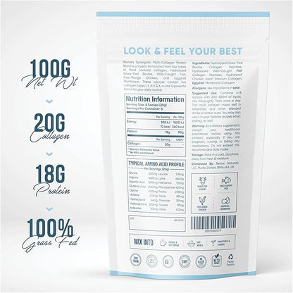 Revive Naturals Multi Collagen Hydrolyzed Powder Bag (4oz) - Types I, II, III, V & X - Grass Fed Bovine, Free Roaming Chicken & Eggshell Collagen Peptides, Non-GMO, GF.