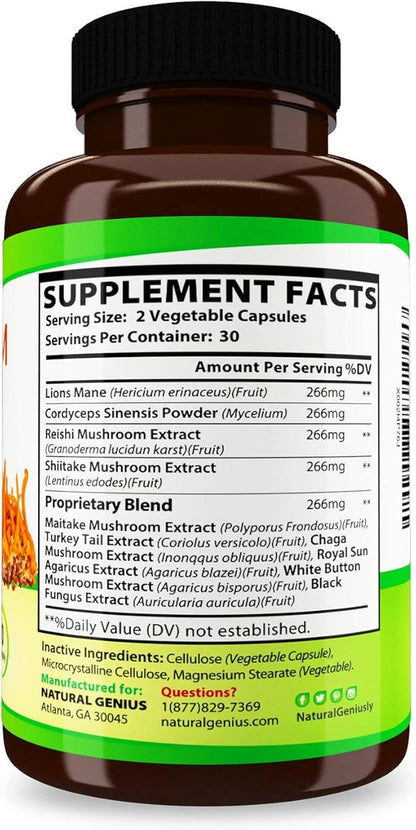 Natural Genius Top 10 Mushroom Extracts - White Button, Lions Mane, Cordyceps, Chaga, Reishi Plus - Immune Booster, Nootropic