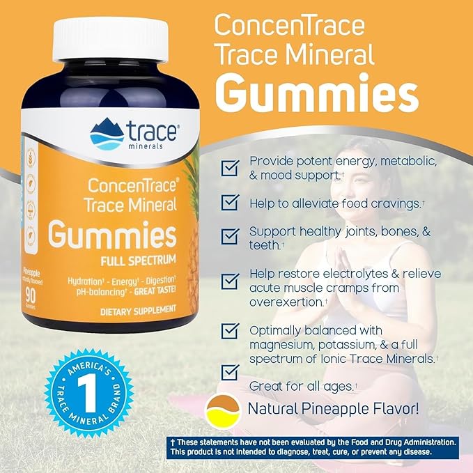 Trace Minerals | ConcenTrace Chewable Gummies Full Spectrum | Provide Potent Energy, Metabolic & Mood Support | Healthy Joints Bones and Teeth | Natural Pineapple | 90 ct