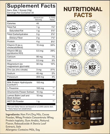 Remy Kids Protein Sleep Aid Supplements, Melatonin-Free Formula, Lactium®, L Theanine, VIT D, B6, Calcium & Herbal Extracts Sleep Aid for Kids, Balanced Nutritional Drink, Non GMO & Preservatives