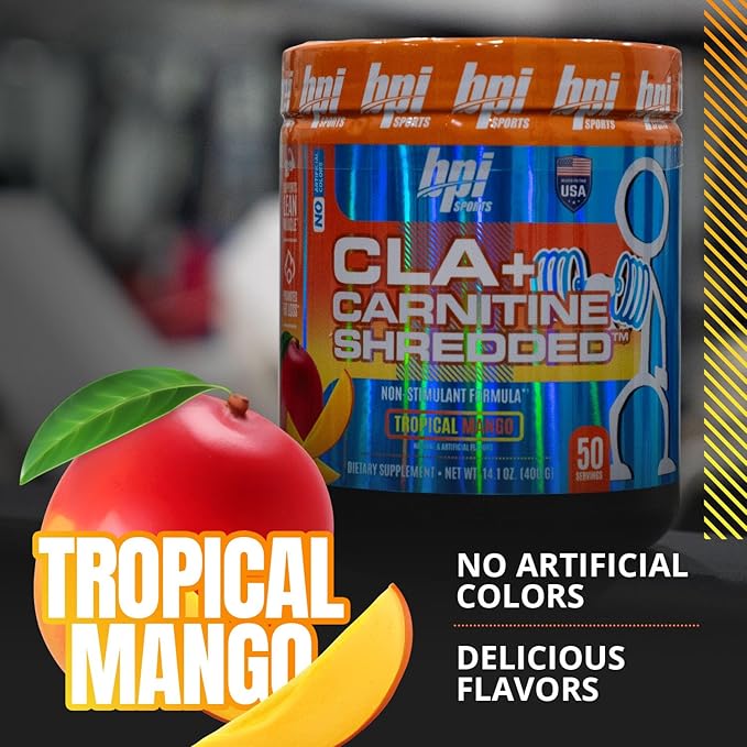 BPI Sports CLA + Carnitine Shredded Supports Lean Muscle & Promotes Fat Loss - Tropical Mango (14.1 oz. / 50 Servings)