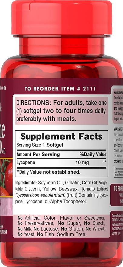 Puritan's Pride Premium Lycopene 10mg, Dietary Supplement for Prostate, Antioxidant, Heart Health, and Overall Health Support, 100 Rapid Release Softgels