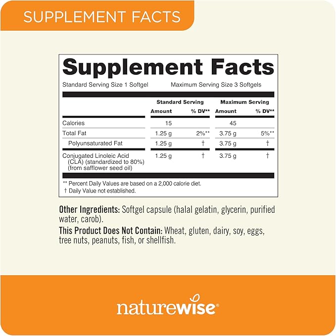 NatureWise CLA 1250 - Conjugated Linoleic Acid Supplement for Women and Men, Not Stimulating, Supports Healthy Weight, Fitness Goals - Non-GMO, Gluten Free - 180 Softgels[2-Month Supply]