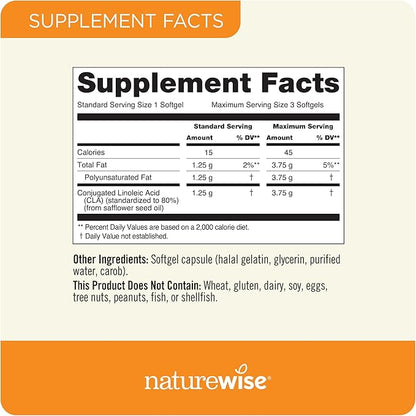 NatureWise CLA 1250 - Conjugated Linoleic Acid Supplement for Women and Men, Not Stimulating, Supports Healthy Weight, Fitness Goals - Non-GMO, Gluten Free - 180 Softgels[2-Month Supply]