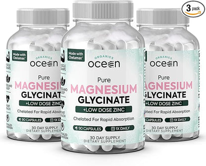 Pure Magnesium Glycinate with Zinc - Maximum Strength Chelated Magnesium Supplement for Women and Men for Muscle Cramps and Sleep Support - 3 Bottles