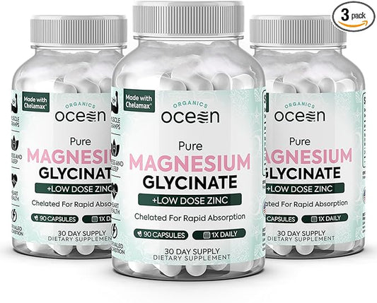 Pure Magnesium Glycinate with Zinc - Maximum Strength Chelated Magnesium Supplement for Women and Men for Muscle Cramps and Sleep Support - 3 Bottles