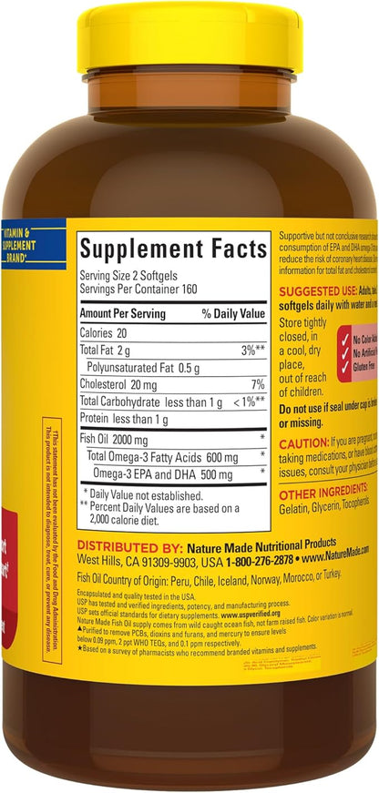 Nature Made Fish Oil Omega 3 Supplements, 1000mg Softgels, Omega 3 Fish Oil for Healthy Heart Support, 320 Softgels, 160 Day Supply