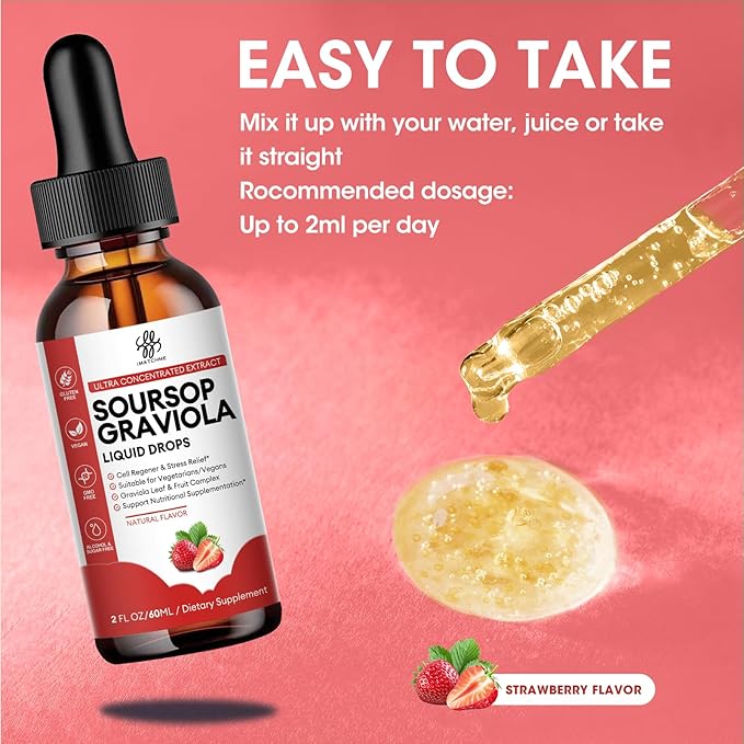 Soursop Graviola Liquid Drop, Soursop Bitters Liquid, Natural Soursop Leaves & Fruit Complex for Overall Wellness, Sugar/Caffeine/Gluten Free, Strawberry Flavor, 2 Fl Oz