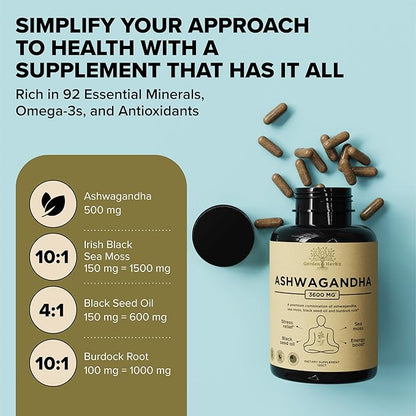 Organic Ashwagandha Root & Irish Sea Moss – 3,600 mg Ashwagandha Supplement with Black Seed Oil, & Burdock Root – Herbal Supplement for Energy, Calm, Mood, & Wellness, 120 Caps