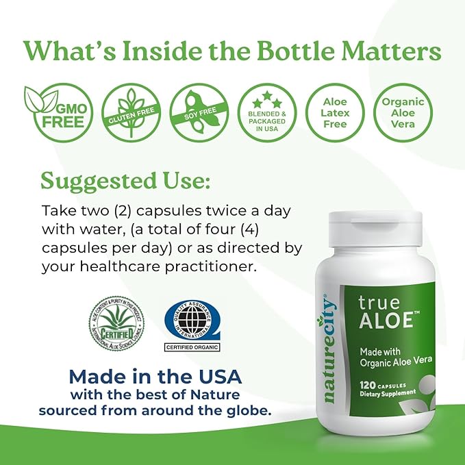 NatureCity True-Aloe 80,000mg Aloe Vera Gel Equivalent Per Serving– Made with Organic Aloe Vera (720 Capsules) Digestive, Skin and Joint Support|Small Easy-to-Swallow Pills