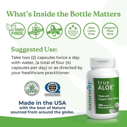 NatureCity True-Aloe 80,000mg Aloe Vera Gel Equivalent Per Serving– Made with Organic Aloe Vera (360 Capsules) Digestive, Skin and Joint Support|Small Easy-to-Swallow Pills