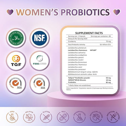 Probiotics 55 Billion CFU Support Vaginal, Immune, Digestive, PH Balance. Promote Sleep and Relief Allergy. All Natural Ingredients with β-Glucan, Cranberry - 30 Capsules