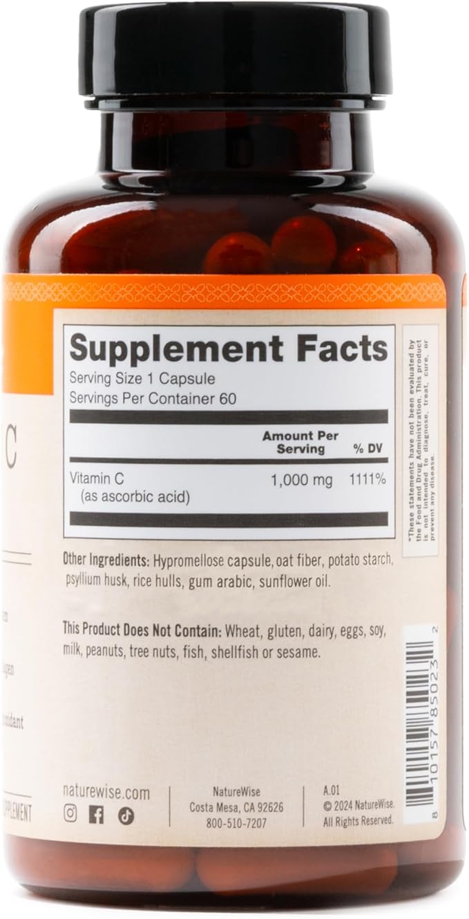 NatureWise Vitamin C 1000mg Capsules - Extra Strength Dietary Supplement for Daily Immune Support & Collagen Synthesis - Vegan, Non-GMO, Gluten Free - 60 Count[2-Month Supply]