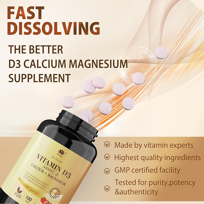 Fast Dissolve Vitamin D3 5000IU with Calcium & Magnesium - for Quick Nutrient Absorption-Sugar Free Chewable Supplement for Bones Strength, Teeth, Muscle, Immune Health,200 Fast Melt Tablets