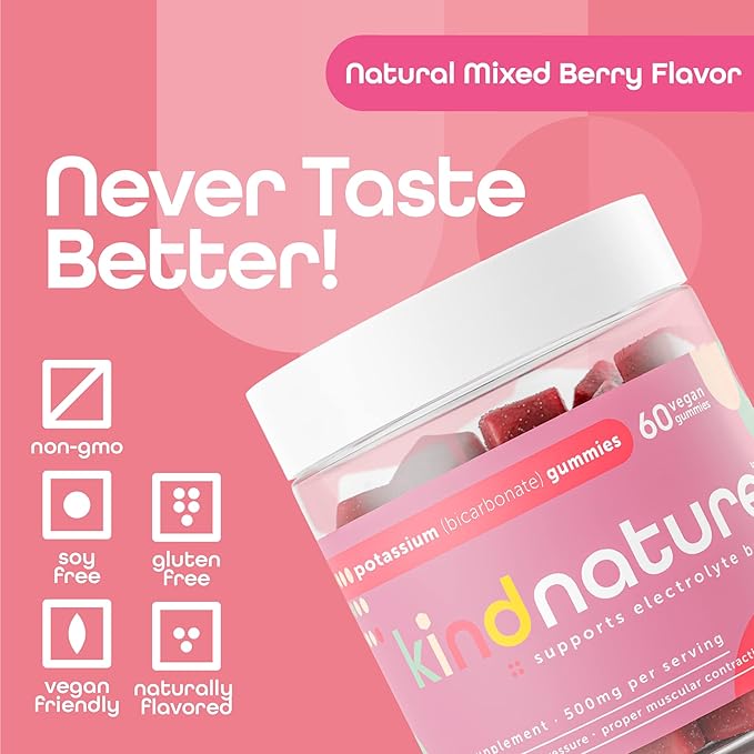 Kind Nature High Potassium Supplement Gummies 500mg - Chewable for Adults & Kids - Pure Potassium Bicarbonate Mineral Supplement - Vegan, Gluten Free, Non GMO - 60 Gummies (30 Day Supply)