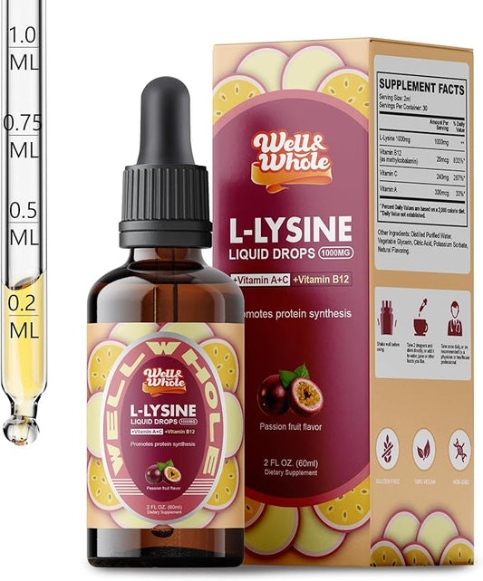 L-Lysine Supplement Liquid Drops | L-Lysine 1000mg Tincture with Vitamin A, C, and B12 for Adults & Kids | Immune Support, Skin & Lips Health, Collagen Synthesis | Non-GMO, Vegan, 2 Fl Oz (60 ML)