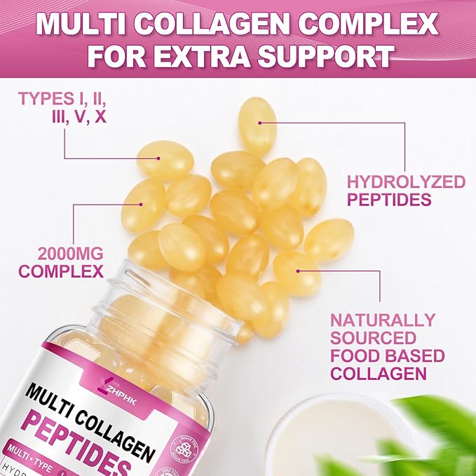Hydrolyzed Collagen for Women Multi Collagen Peptides Complex Softgels 2000mg Collagen Supplement Type I II III V X with Hyaluronic Acid Biotin Vitamin C - Support Skin Hair Nail Health | 240 Count