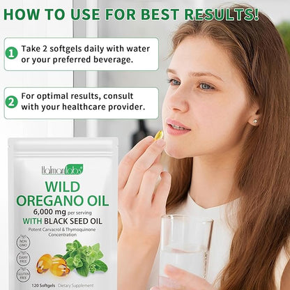 Oil of Oregano Softgels,Oregano Oil Capsules Organic,2-in-1 6000mg Oil of Oregano with Black Seed Oil 200mg,Oregano Oil with Black Seed Oil Softgels,120 Softgel Capsules