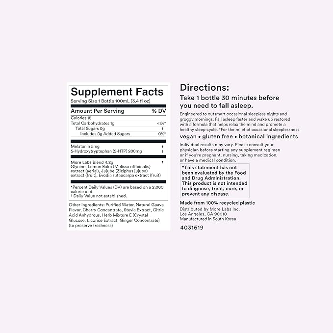More Labs Dream Well, 5MG Melatonin Holistic Sleep Drink Solution, Non-Habit Forming with 5HTP, Lemon Balm, Jujube Seed, Glycine (Pack of 12)
