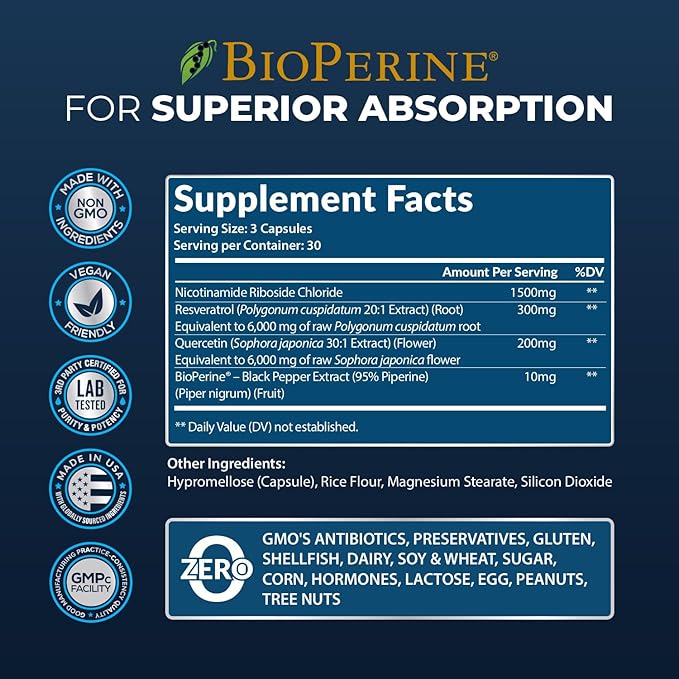 13,510mg NAD+ Supplement- Nicotinamide Riboside, Resveratrol, Quercetin & BioPerine® (High Absorption)- Liposomal NAD Booster for Anti-Aging, Cellular Energy, Skin- For Women & Men- 90 V Capsules