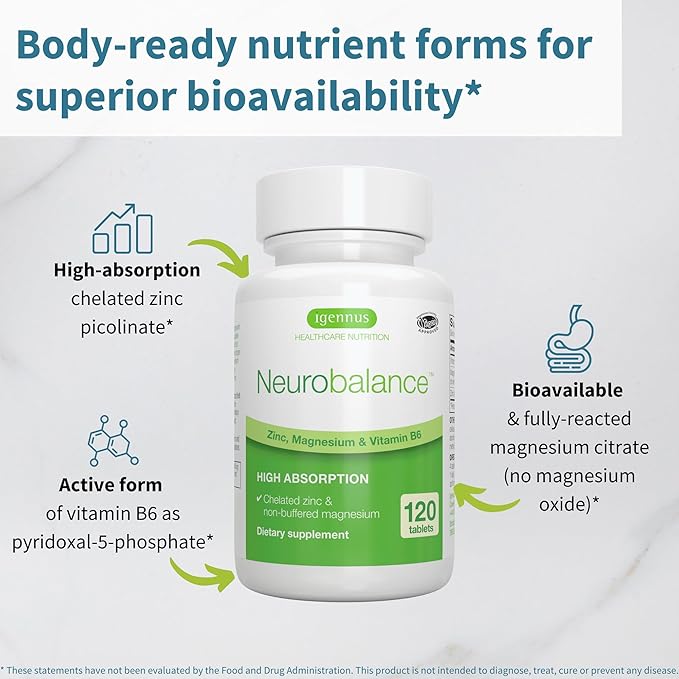 Igennus Neurobalance, High Absorption Zinc Magnesium Vitamin B6 Supplement, Non-GMO, Brain, Immune, Sleep & Muscle Recovery, Chelated Zinc Picolinate 24mg, Oxide-Free Magnesium, Vegan,120 Tablets
