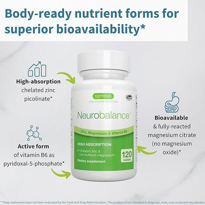 Igennus Neurobalance, High Absorption Zinc Magnesium Vitamin B6 Supplement, Non-GMO, Brain, Immune, Sleep & Muscle Recovery, Chelated Zinc Picolinate 24mg, Oxide-Free Magnesium, Vegan,120 Tablets