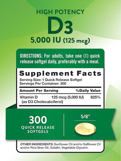 Nature's Truth Vitamin D3 5000 IU (125 mcg) | 300 Softgels | High Potency Vitamin D | Non-GMO and Gluten Free Supplement
