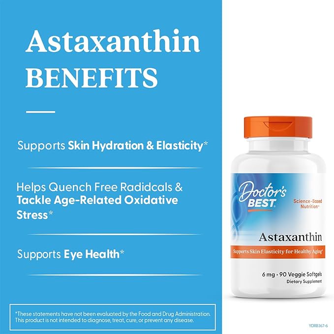 Doctor's Best Astaxanthin, Powerful Antioxidant, Skin, Eye Health, Non-GMO, Gluten Free, Vegan, Soy Free, 6 mg, 90VSG