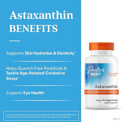 Doctor's Best Astaxanthin, Powerful Antioxidant, Skin, Eye Health, Non-GMO, Gluten Free, Vegan, Soy Free, 6 mg, 90VSG