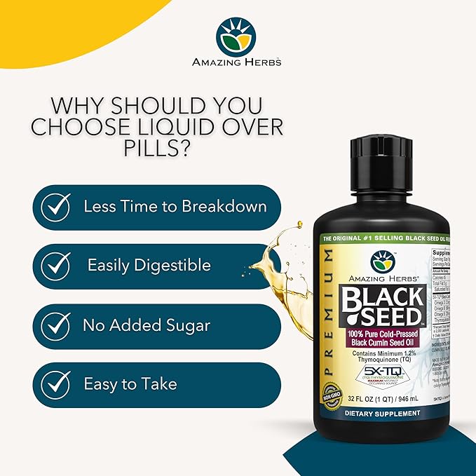 Amazing Herbs Premium Black Seed Oil - Cold Pressed Nigella Sativa Aids in Digestive Health, Immune Support, Brain Function, Joint Mobility, Gluten Free, Non GMO - 32 Fl Oz (Pack of 2)