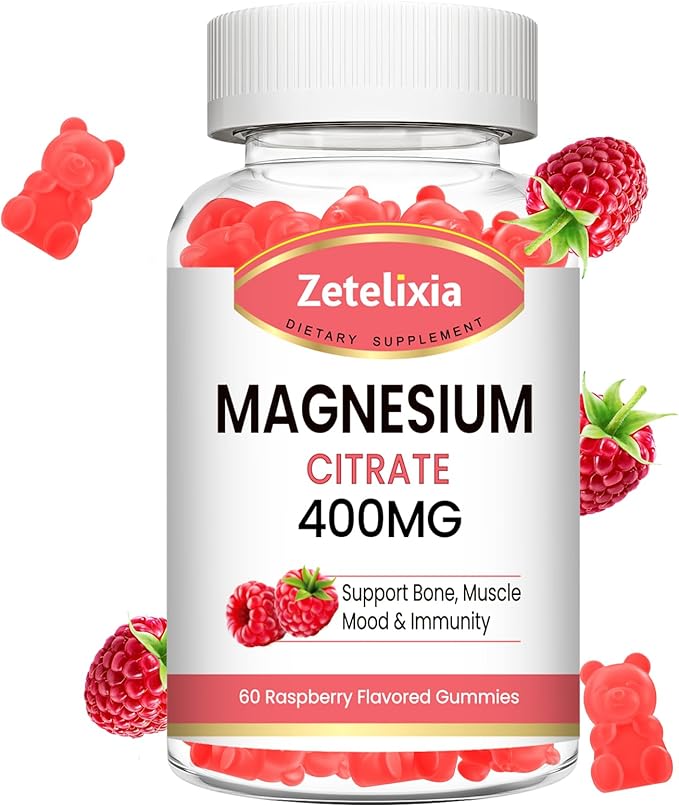 Magnesium Citrate Gummies, High Absorption Magnesium Gummies for Adults, Muscle & Teeth Support, 60 Vegan Natural Raspberry Gummies