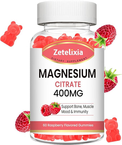 Magnesium Citrate Gummies, High Absorption Magnesium Gummies for Adults, Muscle & Teeth Support, 60 Vegan Natural Raspberry Gummies