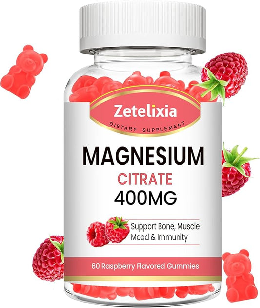 Magnesium Citrate Gummies, High Absorption Magnesium Gummies for Adults, Muscle & Teeth Support, 60 Vegan Natural Raspberry Gummies