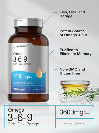Horbäach Triple Omega 3-6-9 240 Softgels | from Fish, Flaxseed, Borage Oils | Non-GMO & Gluten Free