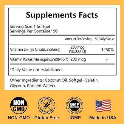 D3 K2 Vitamin 10000 IU Softgels, D3 K2 Supplement with Coconut Oil for Bone, Teeth Health, Support Muscle & Heart Health, 90 Count