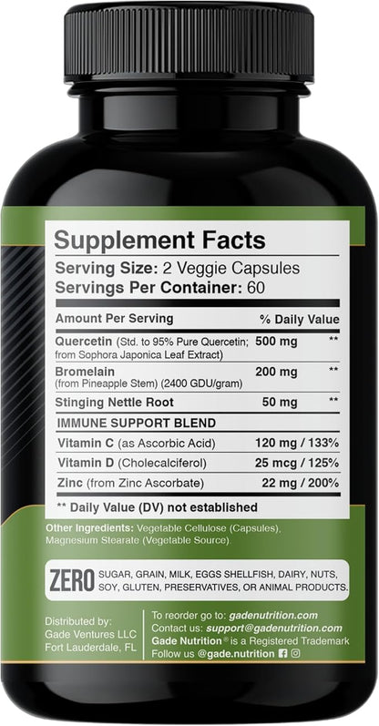 Quercetin with Vitamin C and Zinc - Nettle Quercetin - Quercetin 500mg - Quercetin with Bromelain - Zinc Quercetin + Vitamin D3 - 120 Veggie Caps - (Non-GMO, Gluten-Free, Vegan) - 2 Month Supply