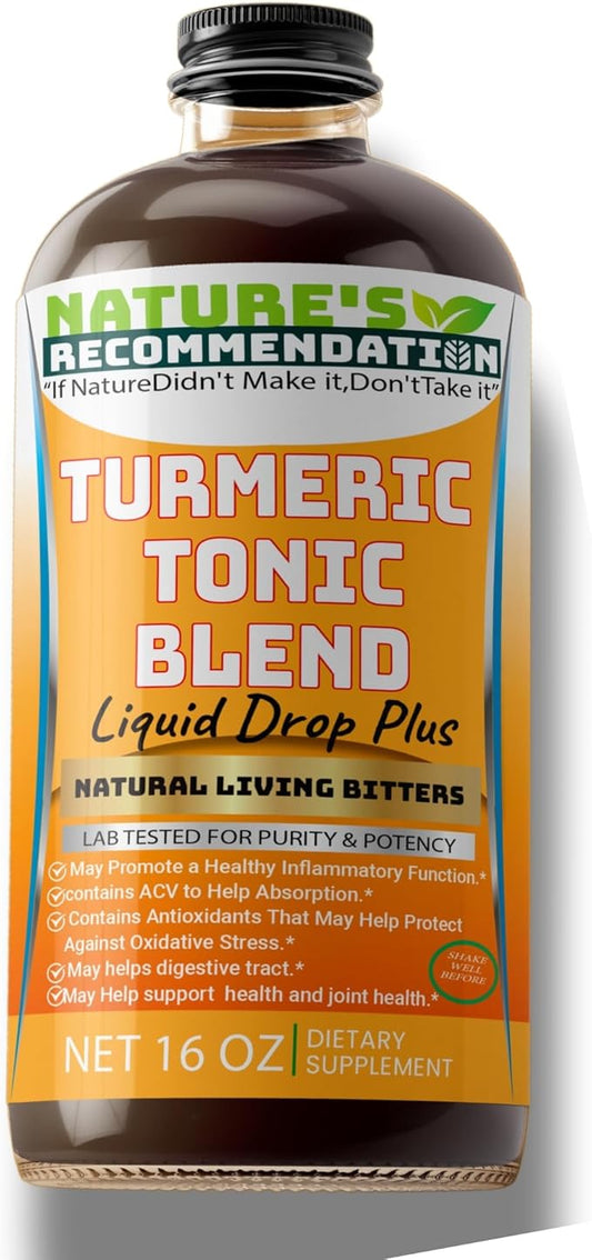 Turmeric Tonic Blend Liquid Drop Plus Living Bitters, 16 oz, with Alkalized Spring Water Amber Glass Bottle