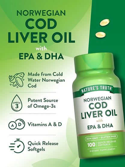 Nature's Truth Norwegian Cod Liver Oil | 100 Softgels | with EPA & DHA | Non-GMO, Gluten Free Supplement