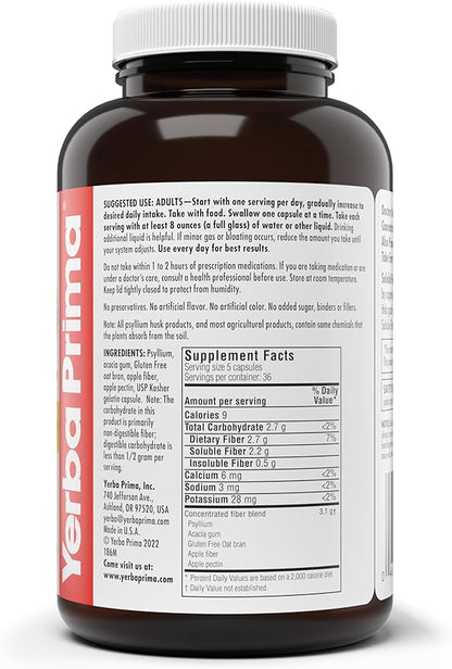 Yerba Prima Soluble Fiber Formula Capsules, 180 Count - Premium Dietary Fiber Supplement, Natural, Concentrated Soluble Fiber, Gluten Free, Non-GMO, Made in USA