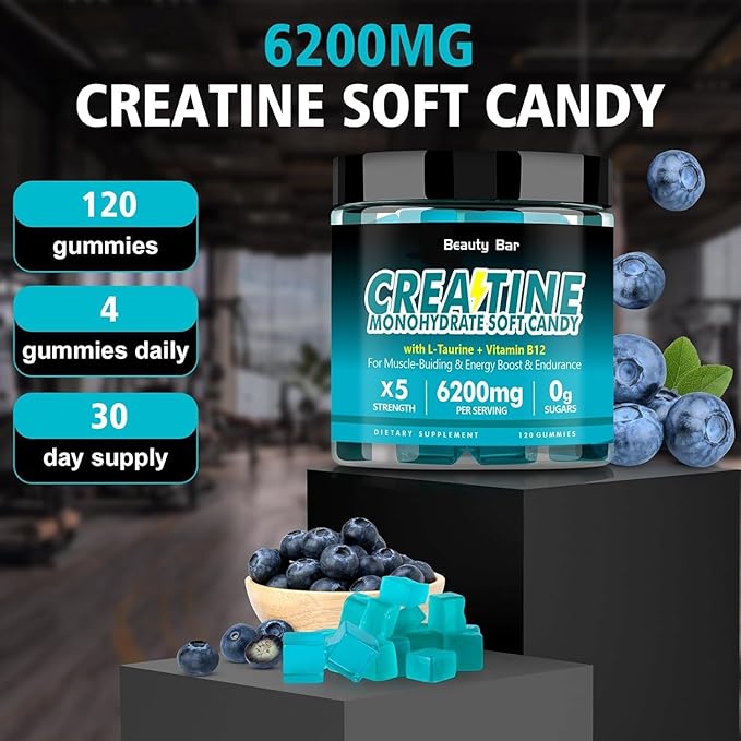 Beauty Bar Creatine Monohydrate Gummies,6200mg for Men & Women-120 Gummies,Sugar Free Chewable Creatine Monohydrate for Muscle Strength,Energy Boost,Blueberry Flavor
