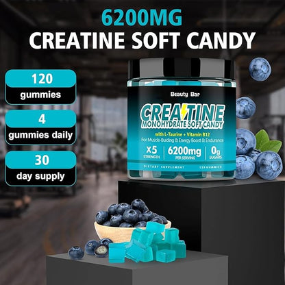 Beauty Bar Creatine Monohydrate Gummies,6200mg for Men & Women-120 Gummies,Sugar Free Chewable Creatine Monohydrate for Muscle Strength,Energy Boost,Blueberry Flavor