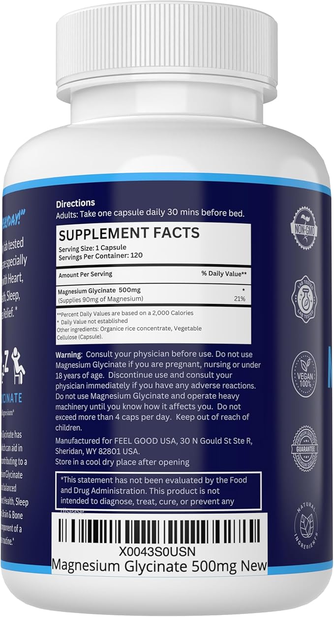 Magnesium Glycinate 500mg Pure Night Sleep, 120 Capsules, High Absorption - Non-GMO, Gluten Free, Vegan, Organic - Supplement for Sleep, Heart Health Nerves, Bones, Muscles - Massive 4 Month Supply
